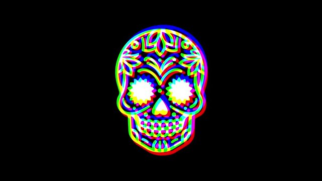 Intricately detailed sugar skull with ornate floral patterns and a small cross on the forehead, featuring a vibrant digital glitch effect on a solid black background.