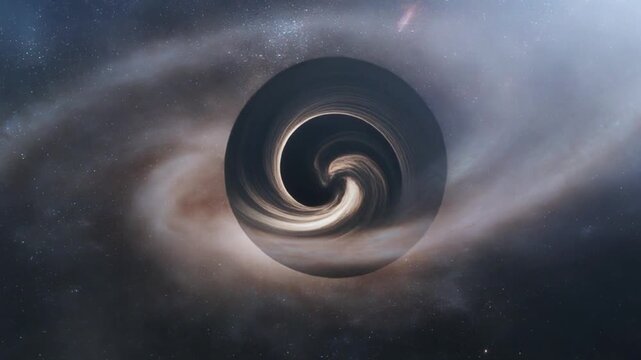 A swirling black hole with a bright accretion disk and spiral arms of stars, gas, and dust set against a dark starry space background