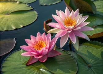 Beautiful Pink Water Lilies Blooming on Calm Pond Surface with Lush Green Leaves