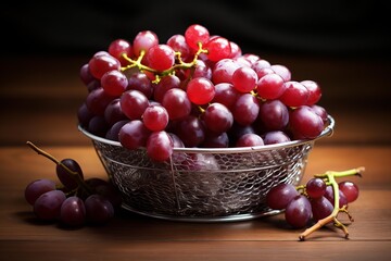 Naklejka premium Red grapes are filling a metal bowl, creating a fresh fruit abundance on a wooden table