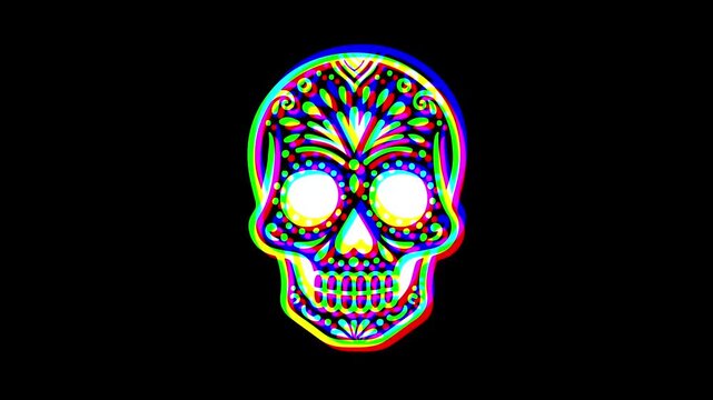 Intricately detailed sugar skull with ornate floral patterns and a small cross on the forehead, featuring a vibrant digital glitch effect on a solid black background.