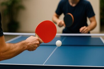 Intense table tennis match underway.