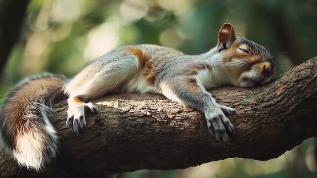 Sleeping Squirrel: A gray squirrel rests peacefully on a tree branch, basking in the sun's gentle warmth, showcasing the tranquility of nature.