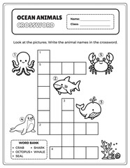 Ocean Animals Crossword Puzzle Worksheet for Kids Educational Printable Activity © ภัชวิรุฬห์ อัครธวัลร