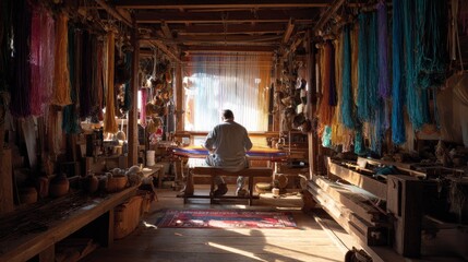 Obraz premium A person sits at a loom, weaving a textile in a sunlit workshop filled with colorful threads and materials