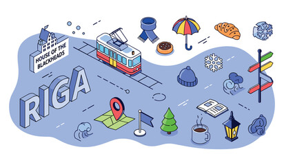 Obraz premium Riga travel icons: tram, landmark, food, accessories, winter theme