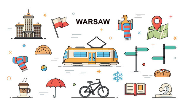 Warsaw city icons: tram, landmarks, polish flag, map, bicycle, food, coffee, umbrella