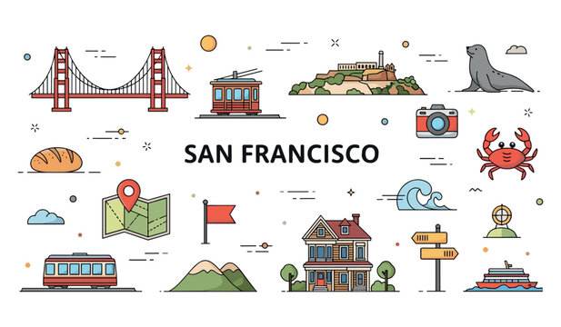 Colorful icons of san francisco: golden gate, tram, alcatraz, sea lion, and more
