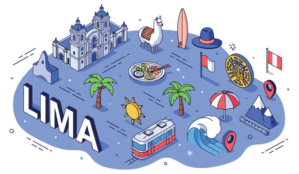 Lima highlights: cathedral, cuisine, culture, surfing, and landmarks illustrated map
