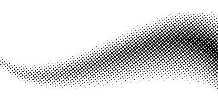 Black halftone dot wave pattern. Abstract grain fluid texture. Dotted curve wallpaper. Grit undulate swoosh overlay for poster, banner, brochure, flyer, leaflet, brochure. Vector rasterized background