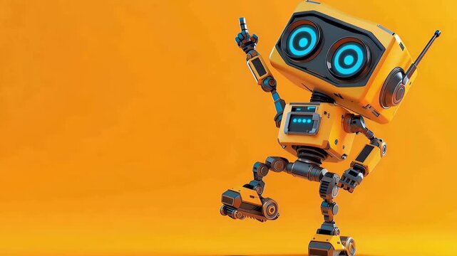 Cheerful Robot on a Sunny Stage: A charming yellow robot with bright blue eyes takes center stage, its expressive pose and friendly demeanor radiating positivity against a vibrant orange backdrop.