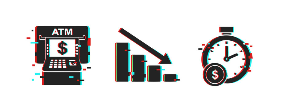Atm, falling bar graph, stopwatch with coin in glitch effect illustrations