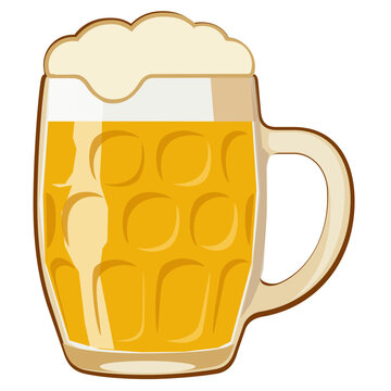 Traditional German Beer Mug Illustration, Oktoberfest Stein Vector. A classic dimpled glass beer mug (Mass) filled with golden lager and thick white foam. Iconic German style illustration
