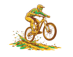 Fototapeta premium Mountain bike jump design for t-shirt. Extreme sport cycling artwork. Downhill biking adventure graphic. Outdoor activity illustration. Rider splashin