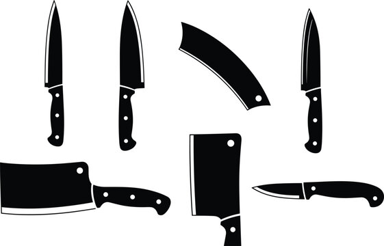 Professional kitchen knife set featuring chef cleaver butcher blade and sharp cooking utensils black silhouette vector icons collection.