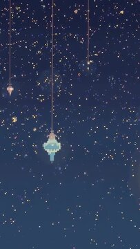 Vertical video: Clip playing cyan lantern pulsing stars glowing glints falling in pixel night sky