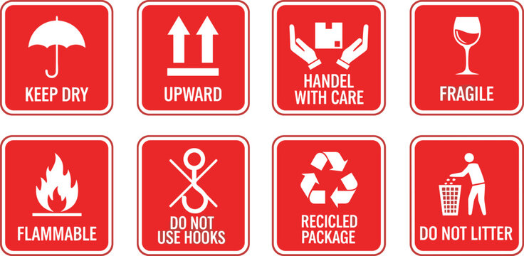 Red shipping and handling label icons set featuring fragile flammable keep dry and recycled package warning symbols vector.