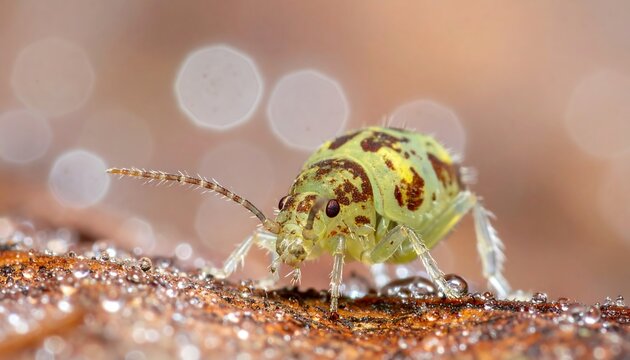 Tiny, spotted springtail bug sits on a dew-covered leaf, lit brightly, in a closeup macro shot