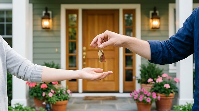 A person handing over house keys to another person in front of a beautiful home