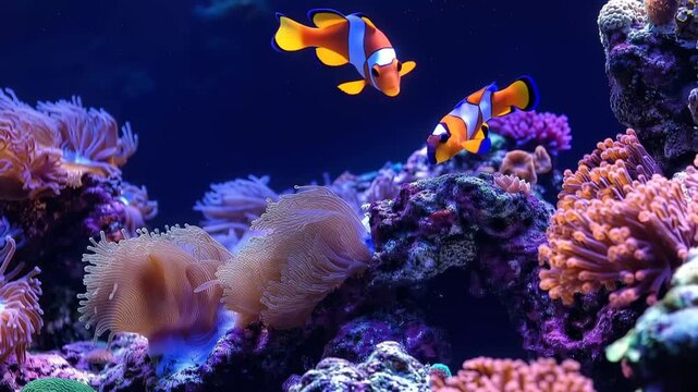 Clownfish Paradise: Two vibrant clownfish swim gracefully amidst a coral reef teeming with life, where marine life finds refuge and vibrant colors dance in the ocean's depths.