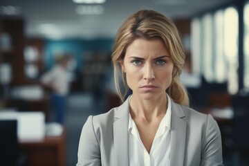 Upset businesswoman frowning with a serious expression, facing conflict or stress in office environment