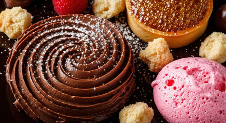 Fototapeta premium Chocolate dessert chocolate tart raspberry caramel tart pink mousse pastry sweet gourmet bakery swirl pattern chocolate dessert plate with chocolate tart, caramel tart, raspberry and pink mousse
