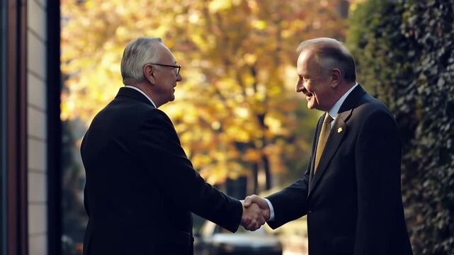 Cordial Handshake: Two men in business attire, poised on the cusp of an agreement, extend a welcoming handshake under the warm, autumnal glow of trees. A moment of respect and partnership.