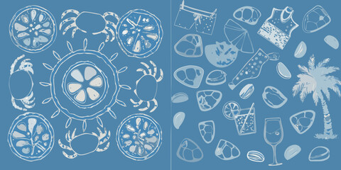 Stylized summer illustration featuring citrus crabs and beachside items © Rakesh