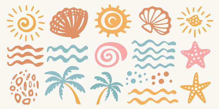 Summer themed illustration featuring shells suns waves and tropical plants