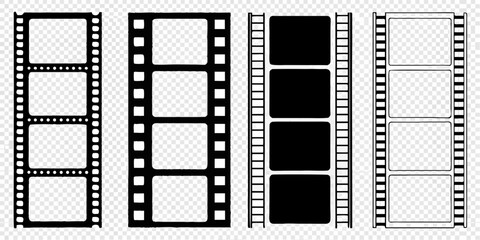 Black film strips with varying frame counts on a transparent background