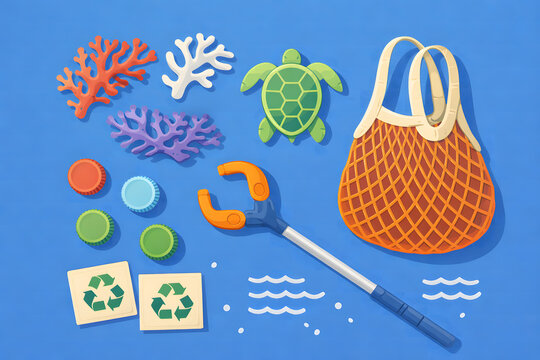 Flat lay illustration of ocean conservation items including corals, a green sea turtle, bottle caps, recycling symbols, a trash grabber, and a mesh bag on a blue background