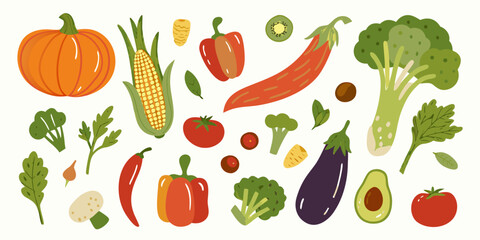 A colorful assortment of fresh vegetables and fruits in a flat design