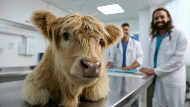Curious calf examined by scientists in a laboratory setting for research on animal health