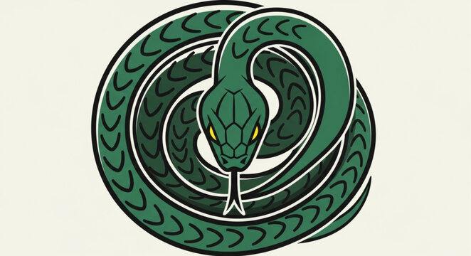Coiled green snake with yellow eyes illustration.