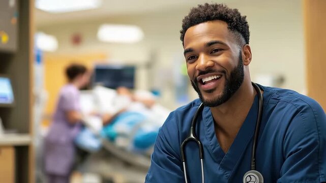 A Caring Physician: A friendly and approachable physician with a stethoscope around his neck exudes confidence and care. His warm smile and positive demeanor create a calming atmosphere.
