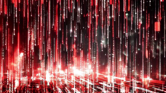 Bright red light patterns move across a dark background illustrating digital data flow in a continuous flow of colors and shapes
