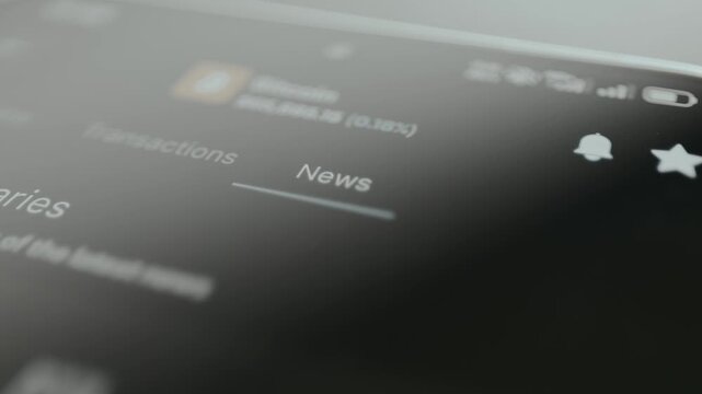 Finger taps the News option within the navigation menu of a cryptocurrency app