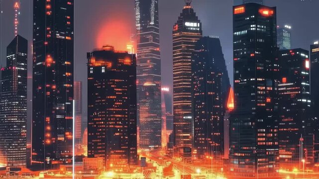 Metropolitan Metropolis: A vibrant cityscape at dusk, illuminated by the warm glow of the setting sun and artificial lights, against a deep indigo sky