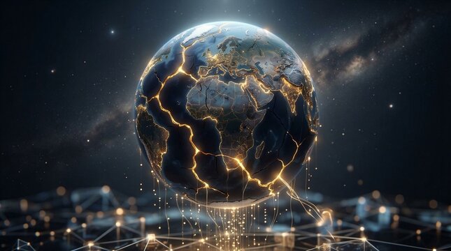 Cracked Earth with glowing connections in outer space