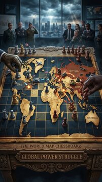 Global power struggle visualized as a chess game on a world map