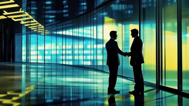 Strategic Alliance: Two professionals seal a significant deal with a firm handshake, framed by an elegant, modern architectural interior. Capturing a moment of trust, partnership.