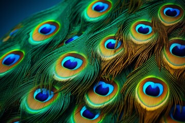 Obraz premium Peacock feathers showing eye spot patterns and iridescent colors in a close up view