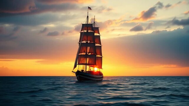 Boat peacefully sailling before storm in sunset 4K