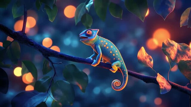 Enchanted Chameleon in the Forest: A vibrant chameleon perches gracefully on a tree branch within a mystical forest, its skin shimmering in a kaleidoscope of colors.