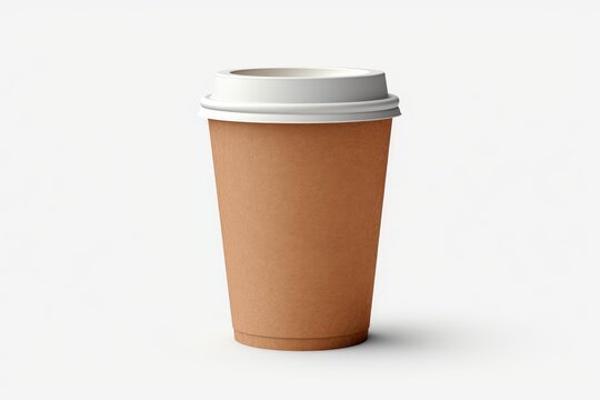Studio shot of a closed disposable coffee cup made of recycled cardboard with white plastic lid, isolated on white background