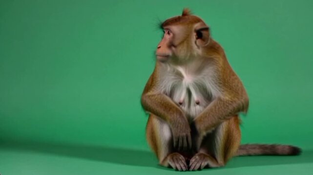 Cute monkey sitting alone on green background looking curious