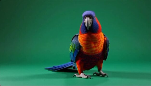 Vibrant blue and orange parrot spreading wings on green background