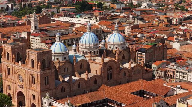 Cuenca, Ecuador: The Cathedral of the Immaculate Conception, a historic landmark, captured in aerial footage