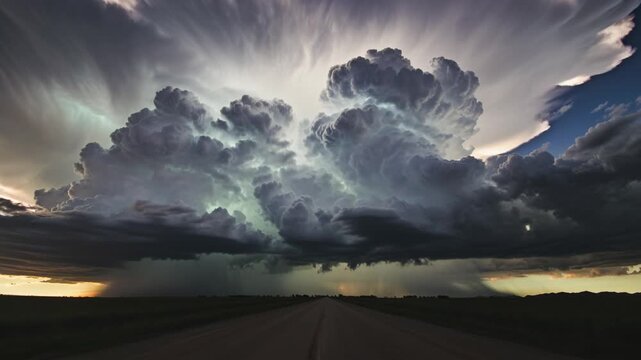 A colossal, dark storm cloud looms menacingly over a long, straight road traversing a vast, flat landscape, with rain falling in the distance, symbolizing nature's raw power and an impending journey.