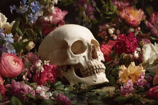 Skull resting among vibrant floral beauty